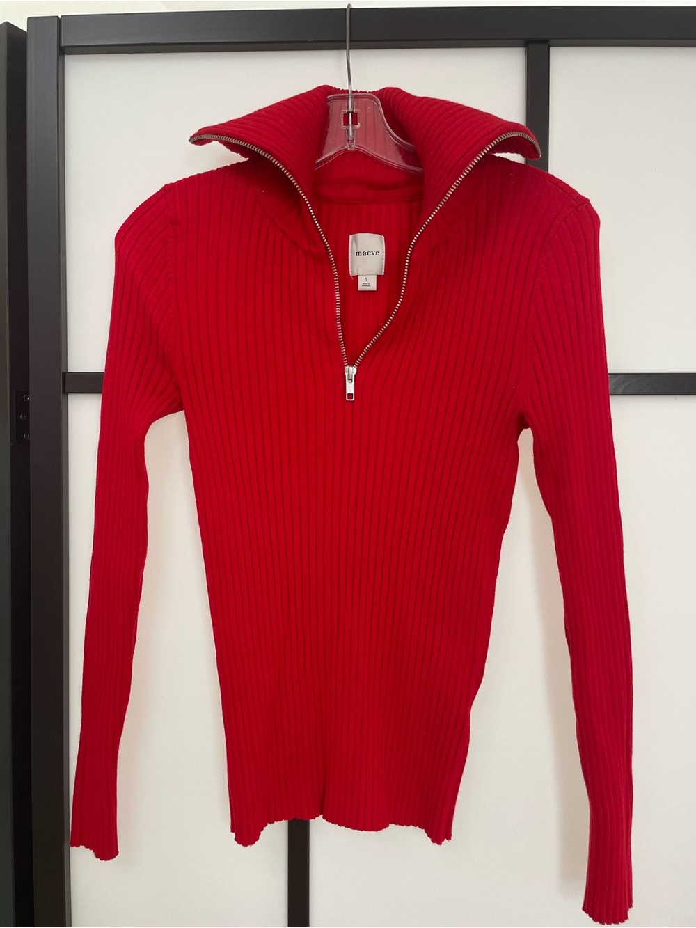 Maeve woman Bright Red Ribbed Zip-Up Sweater